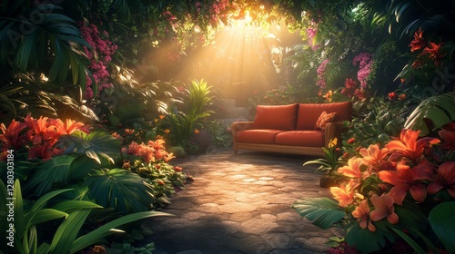 Tranquil floral garden hideaway with vintage couch and sunbeams for relaxation or daydreaming in lush colorful botanical haven