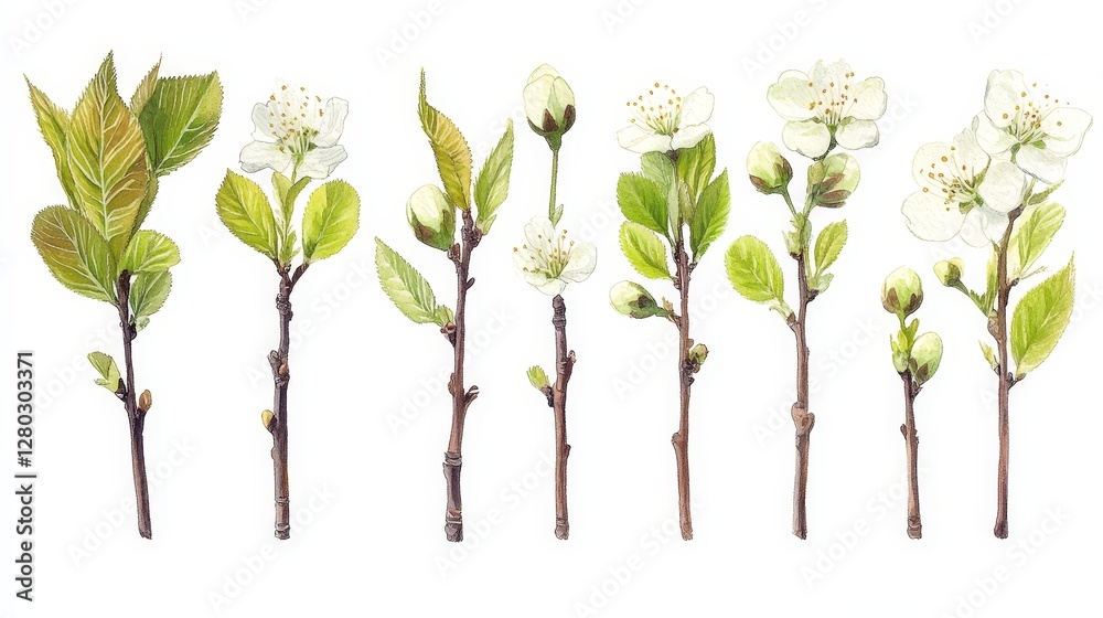 Fototapeta premium A botanical illustration of flowering branches and leaves in various stages of growth.