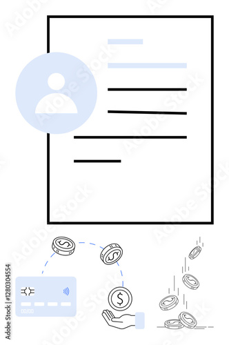 Profile document with user icon, credit card, and currency exchange. Ideal for online transactions, banking, financial management, digital payments, e-commerce fintech and budgeting. Line metaphor