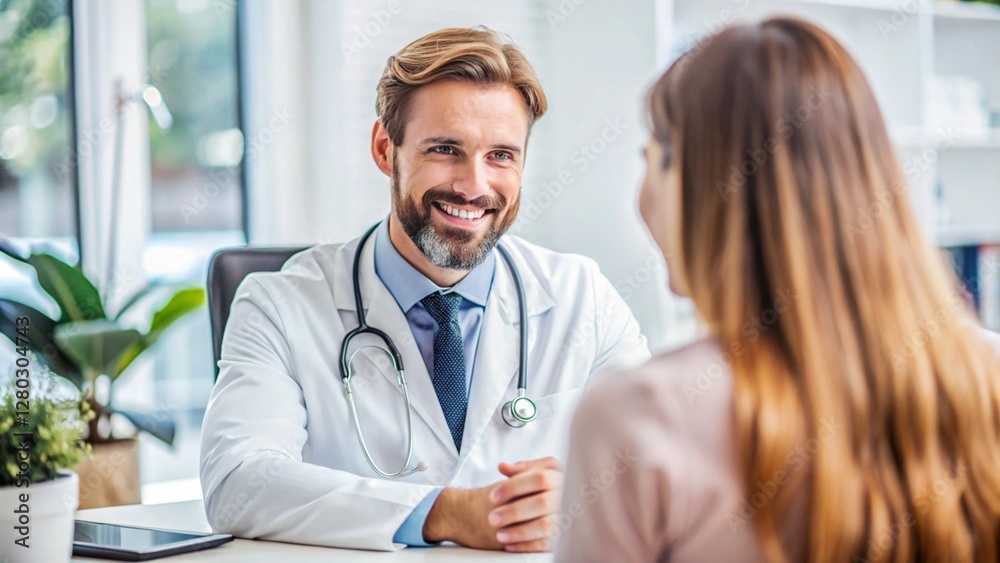Fototapeta premium Conversation with doctor. Portrait of friendly male doctor happy listening to his female patient in medical office room