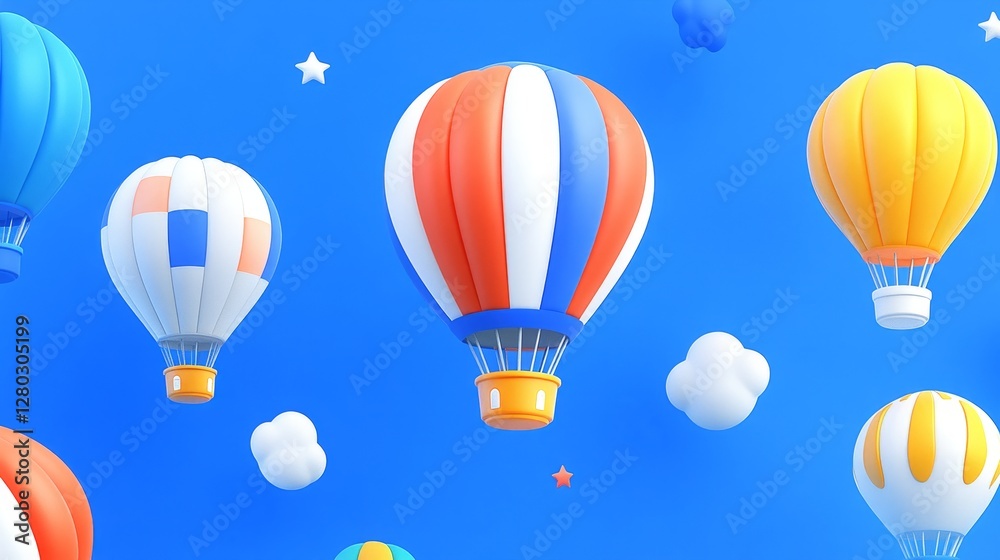 Fototapeta premium Whimsical hot air balloon journey against a vibrant blue sky dreamy cartoonish world evokes feelings of joy adventure and limitless possibilities