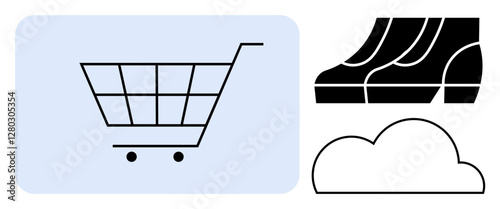 Shopping cart with wheels on light blue background next to black abstract shoes and a black-outlined cloud shape. Ideal for online shopping, e-commerce, digital technology, consumer behavior, cloud