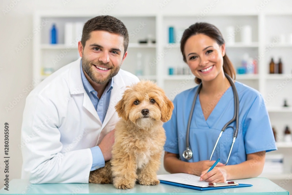 Careful smiling Man veterinarian doctor in lab coat examining maltipoo dog during medical checkup in veterinary clinic. Female veterinary nurse assisting to doctor, holding cute furry pet Careful smiling Man veterinarian doctor in lab coat examining maltipoo dog during medical checkup in veterinary clinic. Female veterinary nurse assisting to doctor, holding cute furry pet