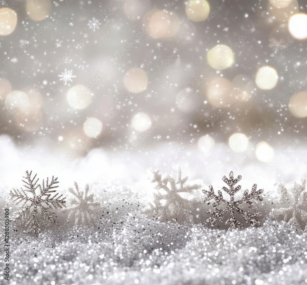 Beautiful snowflakes resting on soft snow with shimmering lights in the background, creating a magical winter wonderland atmosphere for the holiday season Beautiful snowflakes resting on soft snow with shimmering lights in the background, creating a magical winter wonderland atmosphere for the holiday season