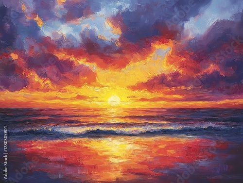 Vibrant Ocean Sunset Painting with Dramatic Sky and Waves