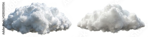 Two clouds with white and gray colors. One cloud is bigger than the other. The clouds are fluffy and look like they are about to rain
