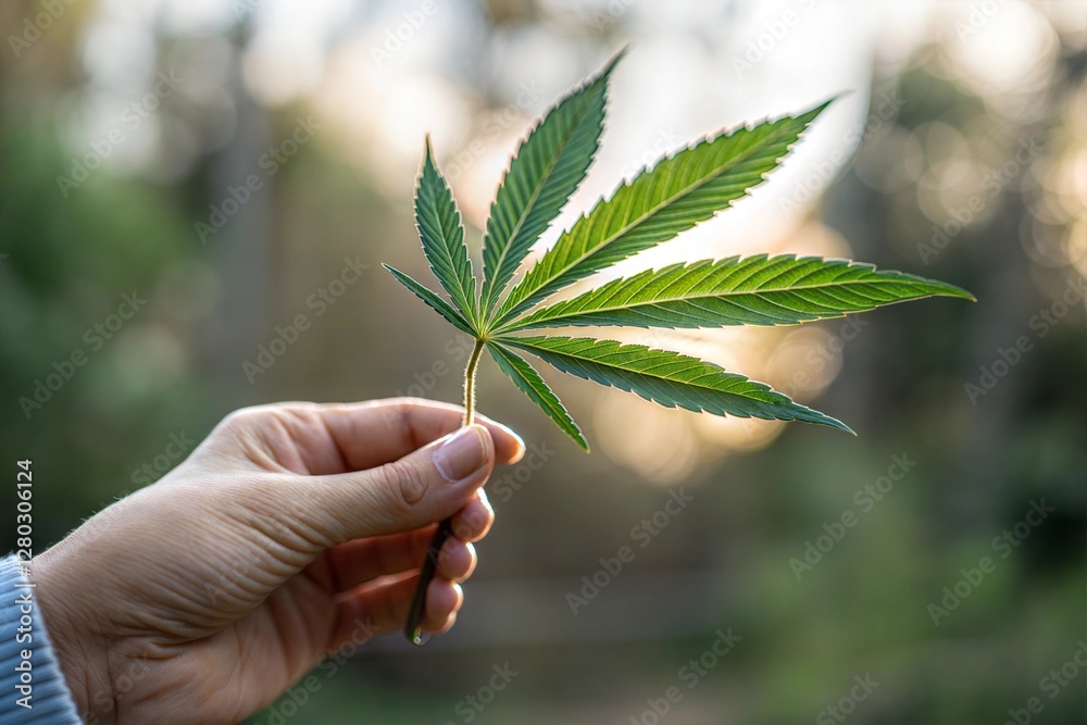 Fresh Cannabis Leaf Held in Hand, Natural Light Fresh Cannabis Leaf Held in Hand, Natural Light