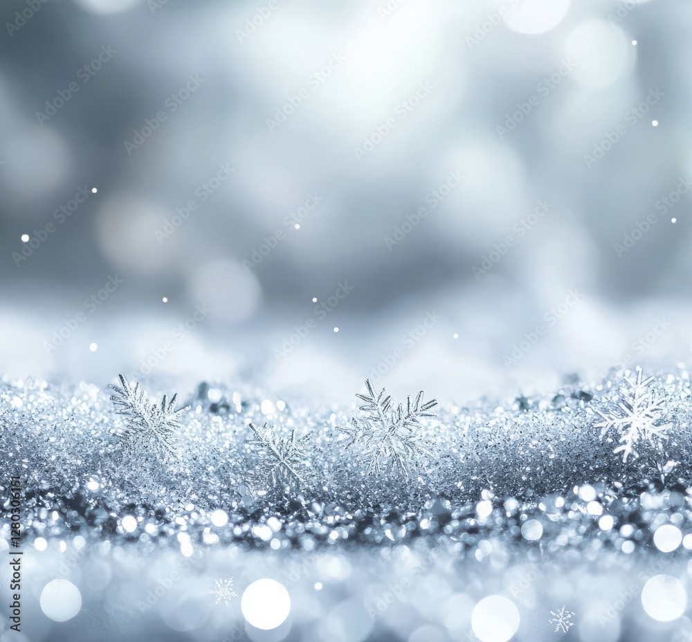 Beautiful Sparkling Snowflakes on Soft Frosted Surface in a Winter Wonderland Setting with Gentle Bokeh Background and Calm Atmosphere of Peaceful Snowy Landscape