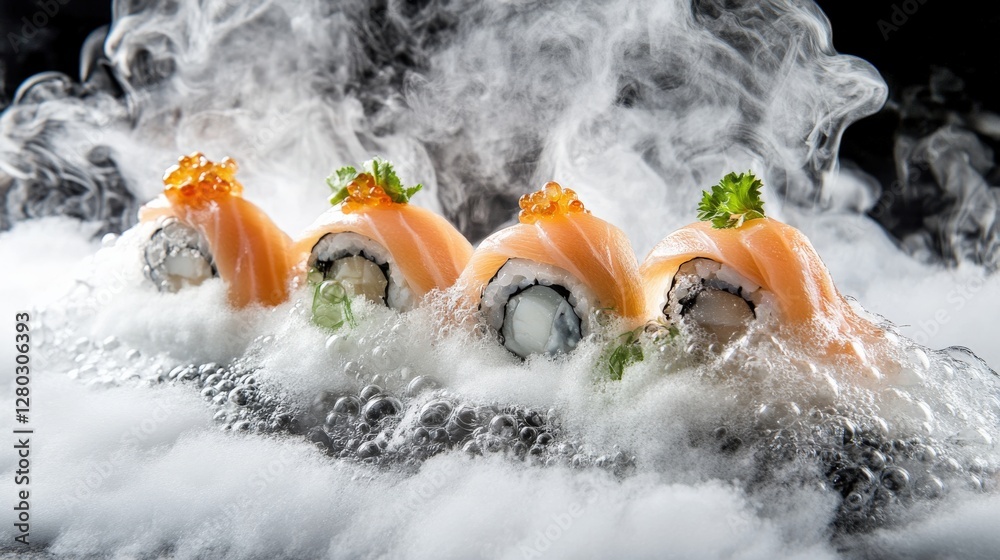 Fototapeta premium Exquisite sushi rolls topped with fresh salmon and caviar, surrounded by misty vapor effects