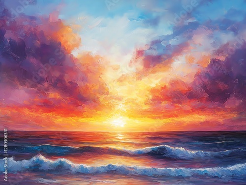 Vibrant Ocean Sunset Landscape Painting with Colorful Clouds