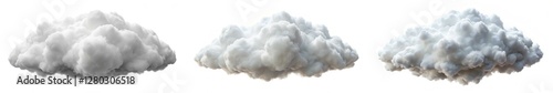 Three clouds of different sizes and shapes are shown in a white background. The clouds are all white and appear to be fluffy and billowy. Concept of lightness and airiness