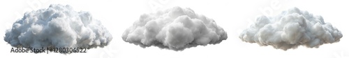 Three clouds of different sizes and shapes are shown in the image. The clouds are all white and appear to be fluffy and billowy