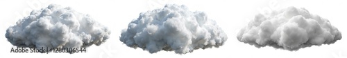 Three clouds of different sizes and shapes are shown in a white background. The clouds are fluffy and white, and they appear to be floating in the sky. Concept of calm and peacefulness