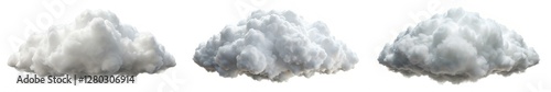 Three clouds of different sizes and shapes are shown in the image. The clouds are all white and appear to be fluffy and billowy