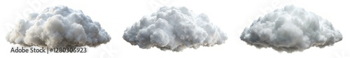 Three clouds of different sizes and shapes are shown in the image. The clouds are all white and appear to be fluffy and billowy