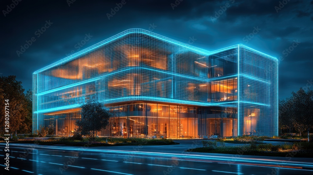 Obraz premium Night cityscape, modern glass building, illuminated, traffic, digital