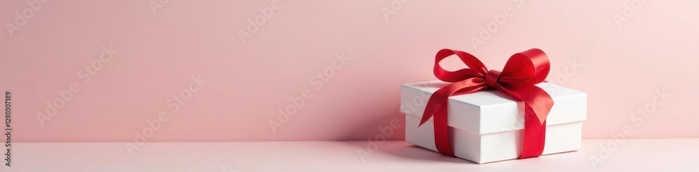 Fototapeta premium Elegant white gift box, tied with a vibrant red bow , red bow, season, anniversary