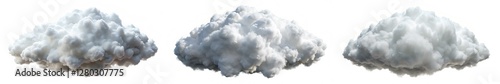 Three clouds in the sky, one is white, one is gray, and one is black. The clouds are all different sizes and shapes
