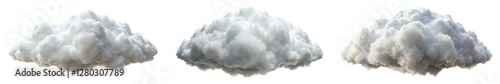 Three clouds in the sky, one is white, one is gray, and one is black. The clouds are all different sizes and shapes, but they all have a similar texture