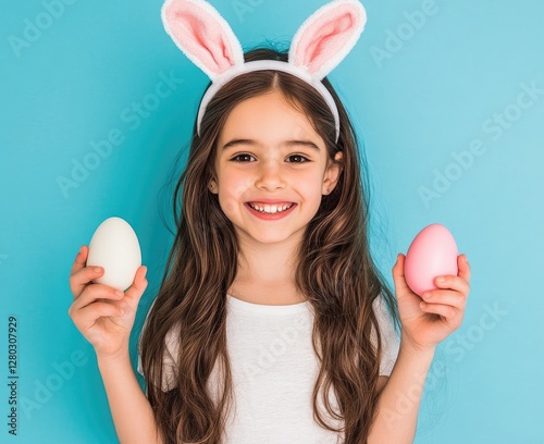 A young girl with long brown hair, wearing bunny ears on her head and holding an Easter egg in each hand against the blue background. photo