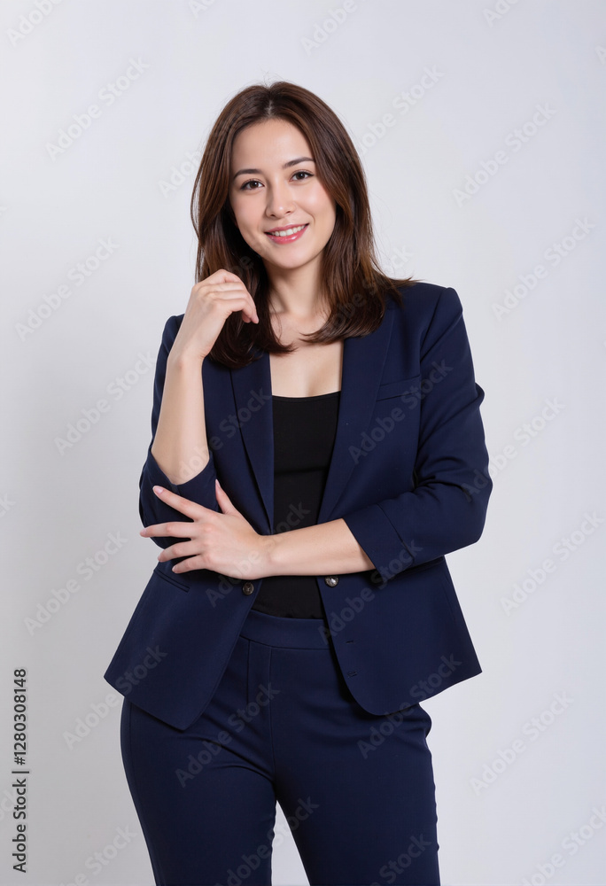 Business woman in her 30s, standing confidently with her arms crossed, wearing a professional outfit and a smile, on a plain white background Business woman in her 30s, standing confidently with her arms crossed, wearing a professional outfit and a smile, on a plain white background