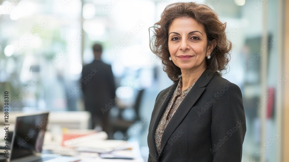 Obraz premium A mature Middle Eastern woman in her 50s stands confidently in a stylish office setting, showcasing professionalism and elegance with a warm expression.