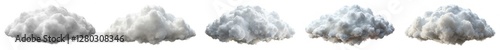 Five different types of clouds, each with a different color and texture. The clouds are white and gray, and they are scattered throughout the sky. The clouds vary in size and shape