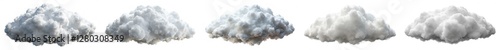 Five different types of clouds, each with varying sizes and shapes. The clouds are all white and appear to be fluffy and billowy, creating a sense of lightness and airiness