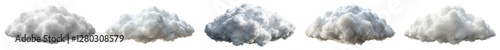Five different types of clouds, each with a unique shape and color. The clouds are scattered across the sky, with some appearing closer to the viewer and others further away