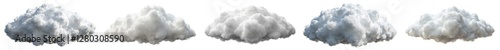 Five different types of clouds, each with a different color and texture. The clouds are scattered throughout the sky, with some appearing closer to the viewer and others further away