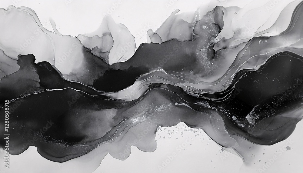 Ink Flow Serenity: An abstract ink painting gracefully dances across the canvas, forming a wave of black and gray. The subtle gradations of the paint create a sense of depth. Ink Flow Serenity: An abstract ink painting gracefully dances across the canvas, forming a wave of black and gray. The subtle gradations of the paint create a sense of depth.