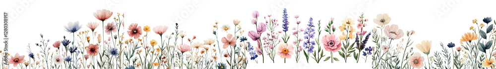 Fototapeta premium Lush vibrant blooming field of colorful wildflowers plants and botanicals in a natural summer garden scene Organic floral background with fresh greenery petals and foliage