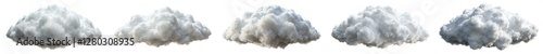 Five different types of clouds, each with varying sizes and shapes. The clouds are all white and appear to be fluffy and billowy, creating a sense of lightness and airiness
