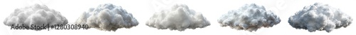 Five different types of clouds, each with a unique shape and color. The clouds are scattered across the sky, with some appearing closer to the viewer and others further away