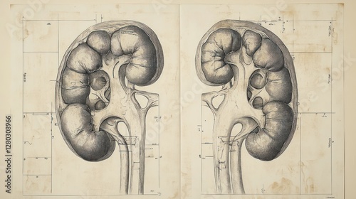 Vintage anatomical kidney drawing, medical textbook page, historical illustration, education
