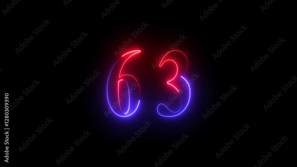 Neon number 63 on black background 4K animation. Neon dial number 63 glowing animation. 4K neon number Sixty-Three Neon number 63 on black background 4K animation. Neon dial number 63 glowing animation. 4K neon number Sixty-Three