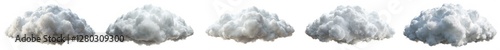 Five different types of clouds, each with a unique shape and size. The clouds are all white and appear to be floating in the sky