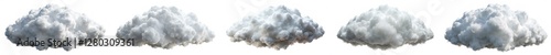Five different types of clouds, each with varying sizes and shapes. The clouds are all white and appear to be fluffy and billowy, giving the impression of a stormy or overcast day