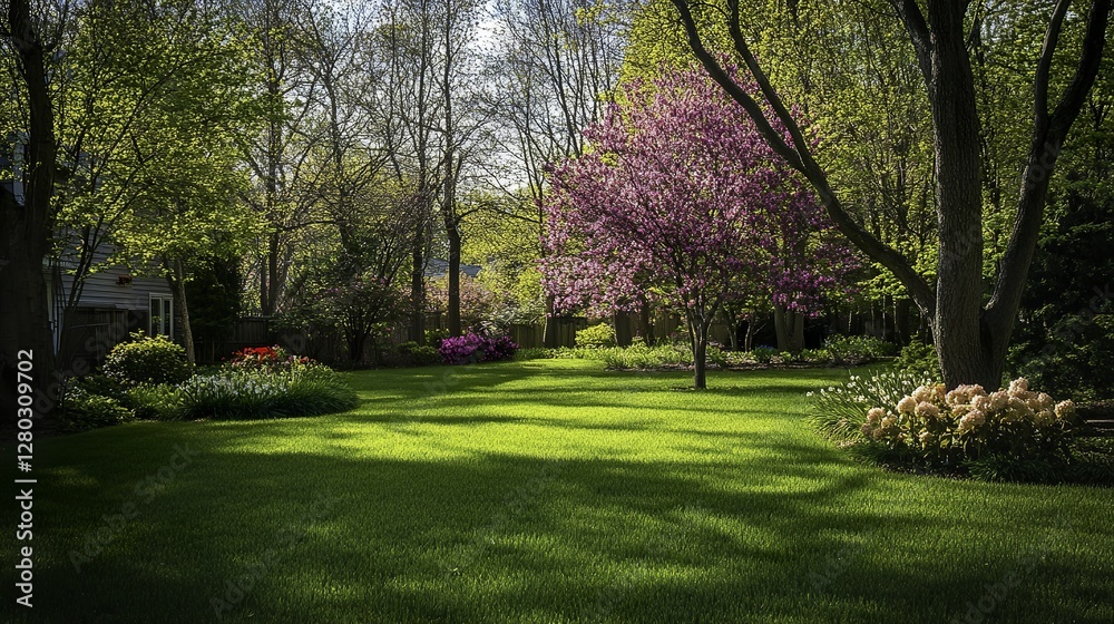 Obraz premium Springtime view of a home exterior featuring lush green grass, blooming trees, and flowering bushes under natural ambient light with a clean and simple composition