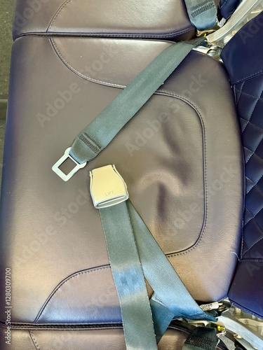 Close-up of an airplane seat with a seatbelt. From up. The seatbelt is unfastened, showing the metal buckle and strap.