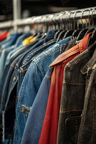 Clothing racks with denim and other jackets