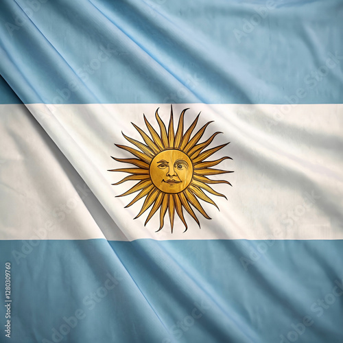 Argentina has a horizontal triband of light blue and white with a golden Sun of May in the center. photo