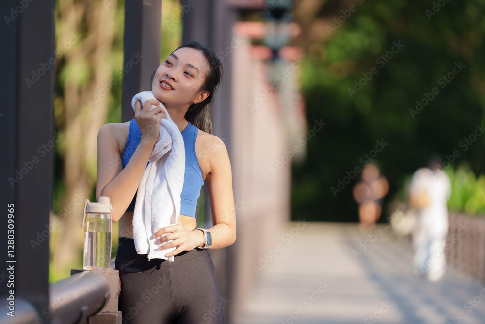 Fototapeta premium Young sporty asian woman wiping sweat from her brow with a towel, taking a refreshing break after an invigorating outdoor workout in the park, enjoying the fresh air and sunshine
