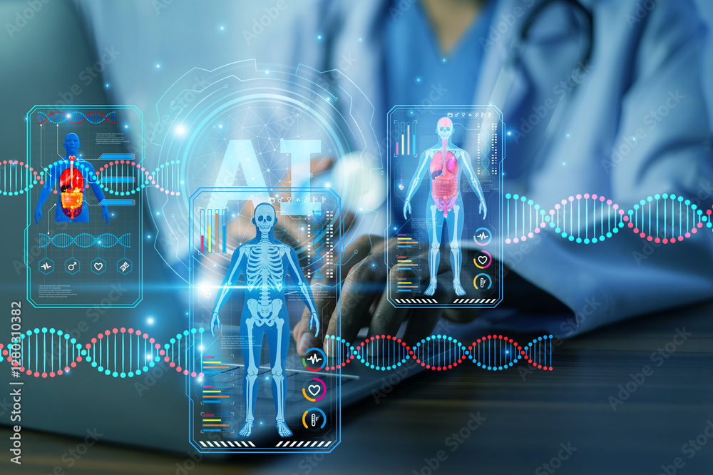 Doctor using AI technology to analyze patient health data, enabling faster diagnosis, personalized treatment plans, and improved healthcare outcomes