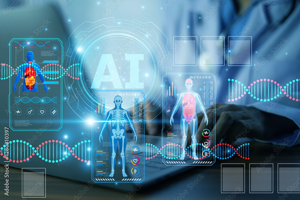 Doctor using AI technology to analyze patient health data, enabling faster diagnosis, personalized treatment plans, and improved healthcare outcomes