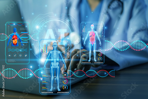 Obraz na płótnie Doctor using AI technology to analyze patient health data, enabling faster diagnosis, personalized treatment plans, and improved healthcare outcomes w salonie