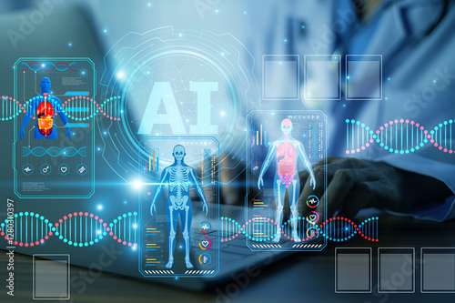 Obraz na płótnie Doctor using AI technology to analyze patient health data, enabling faster diagnosis, personalized treatment plans, and improved healthcare outcomes w salonie