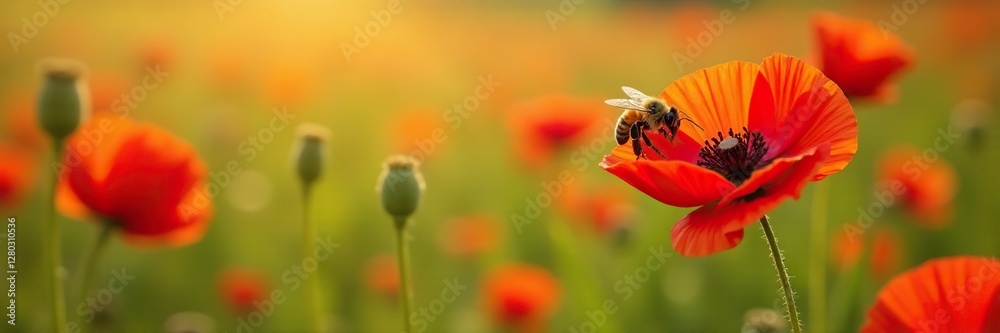 Bee collecting pollen from red poppy in a field, insects, flowers Bee collecting pollen from red poppy in a field, insects, flowers