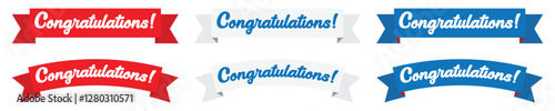Set of congratulations banners in blue, red, and white ribbon variations