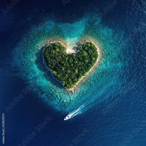 Heart-Shaped Island Aerial View, Tropical Paradise, Boat, Ocean